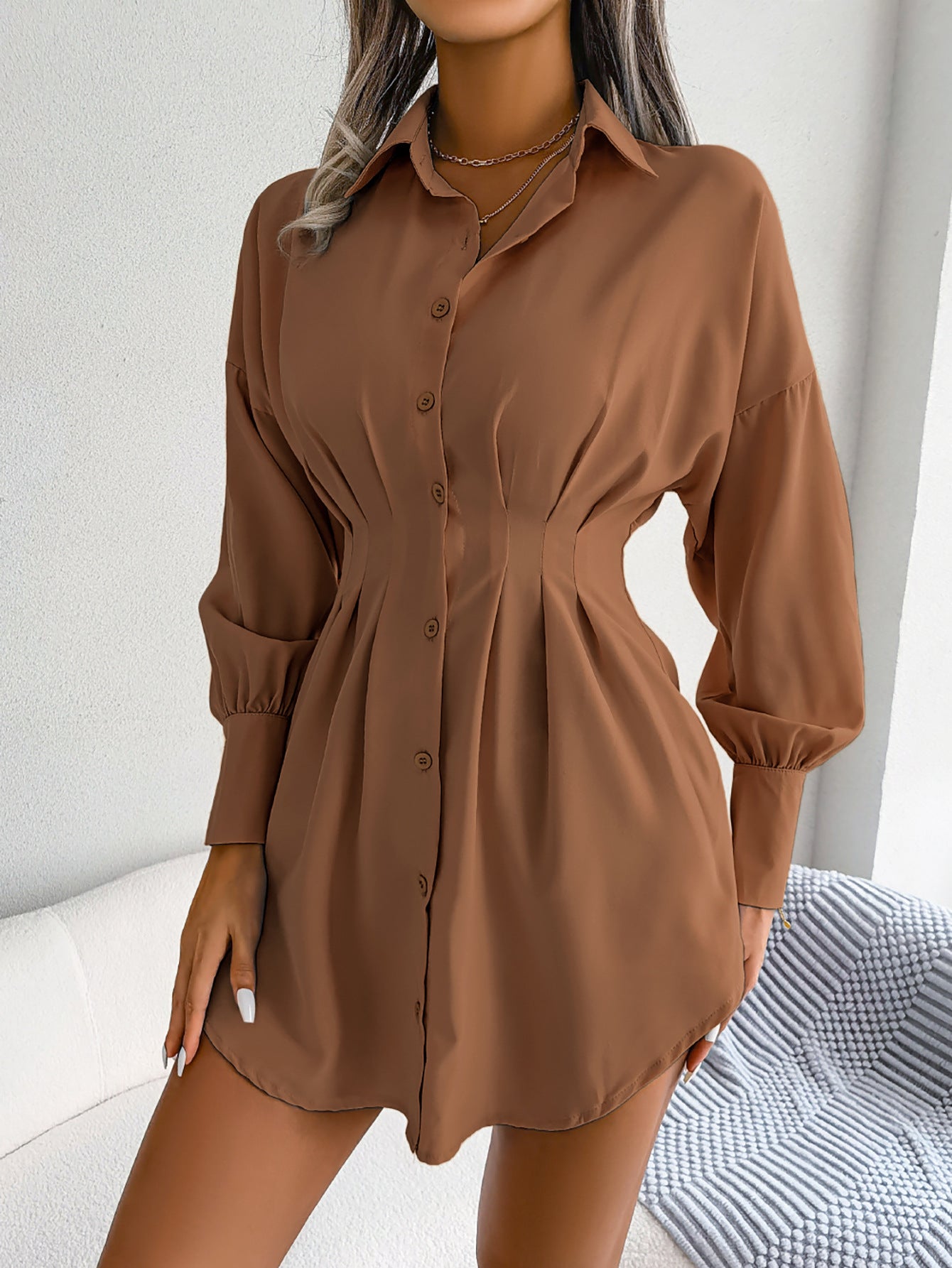 Brown Sinched Waist Shirt Dress