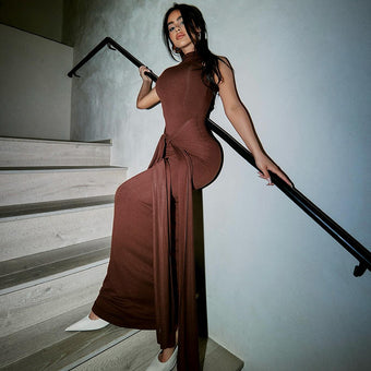 Brown High Neck Sleeveless Dress