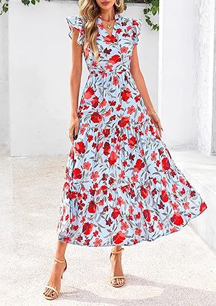 Light Blue Printed Flutter Sleeved Midi Dress