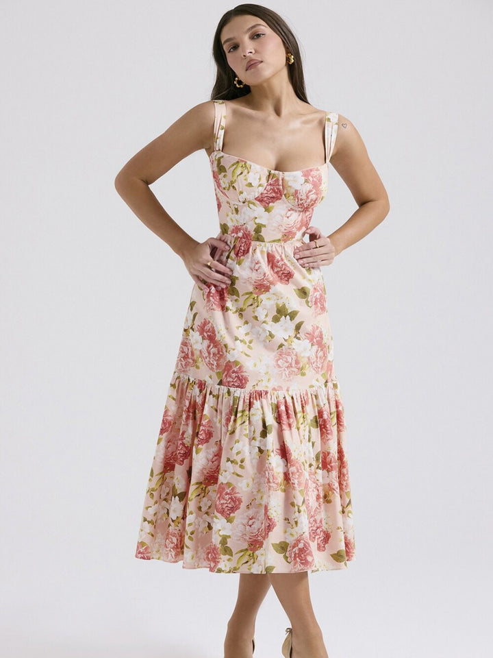 Pink Floral Printed Tiered A-Line Dress