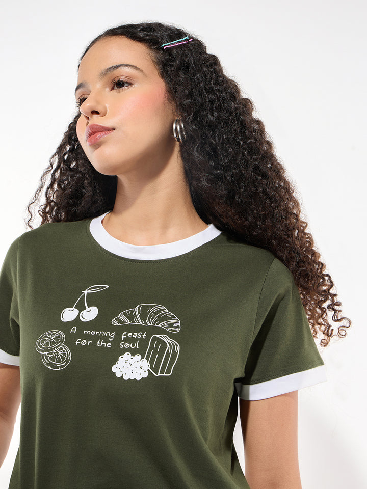 Green Graphic Printed Contrast Hem T-Shirt