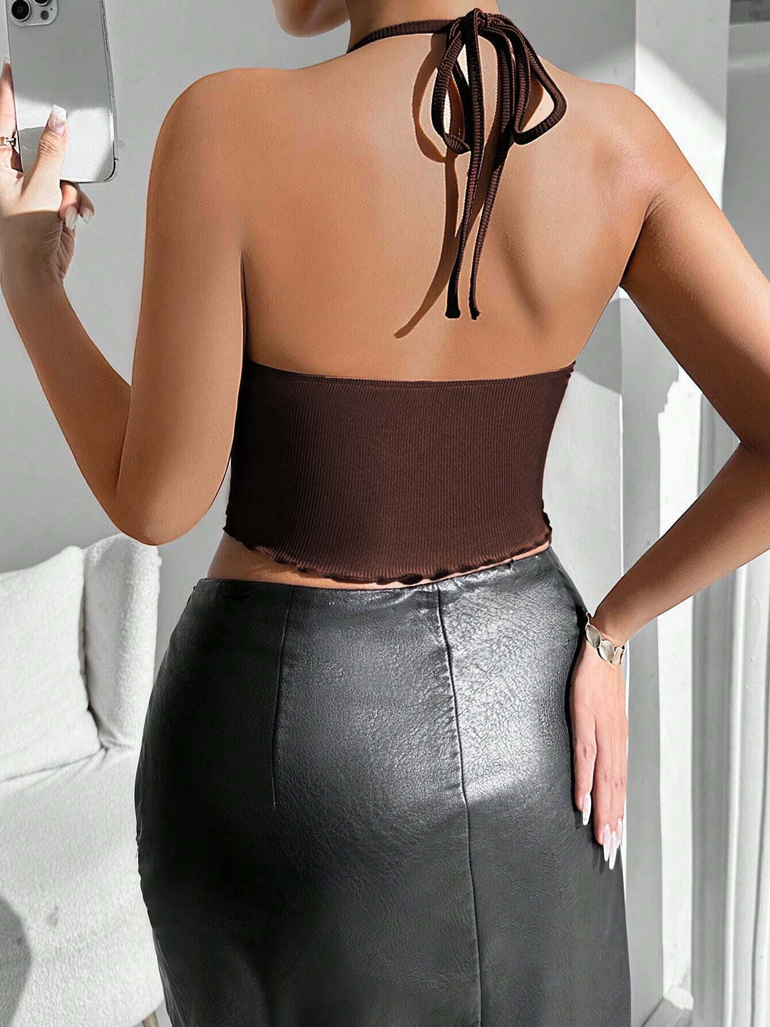 Brown Halter Neck Tie Up Top