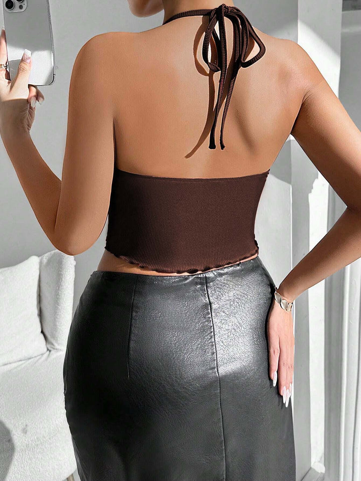 Brown Halter Neck Tie Up Top