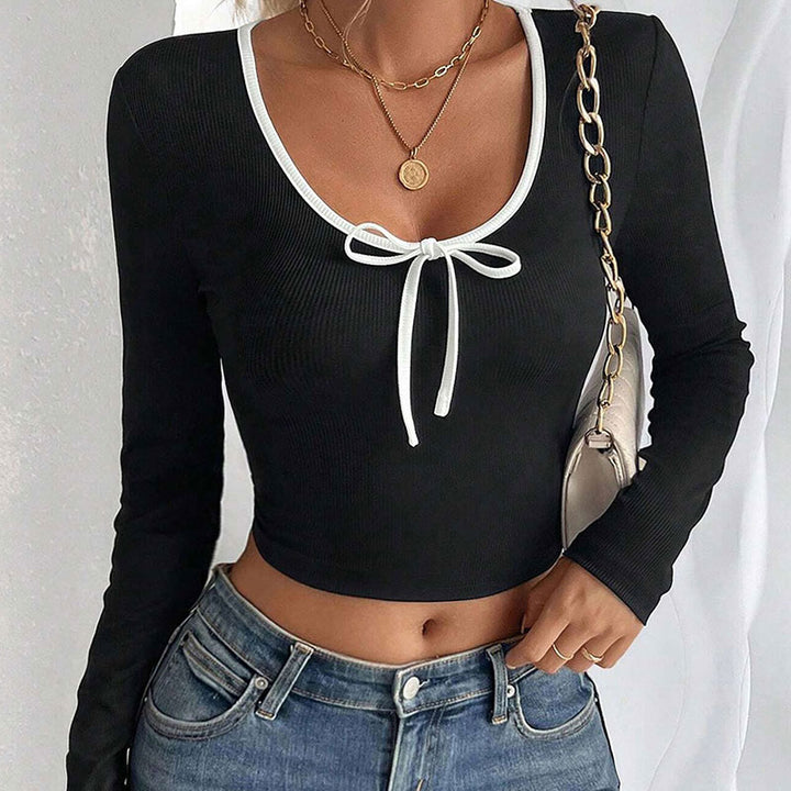 Black U Neck Contrast Tiping Full Sleeves Fitted Crop Top