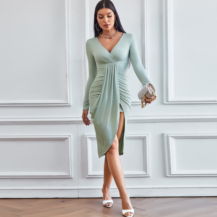 Green Full Sleevefront Wrap Dress