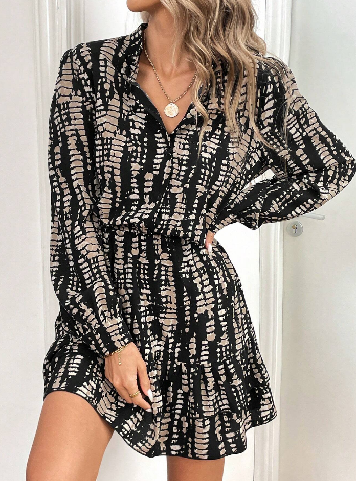 Black Printed Cinched At Waist Mini Dress