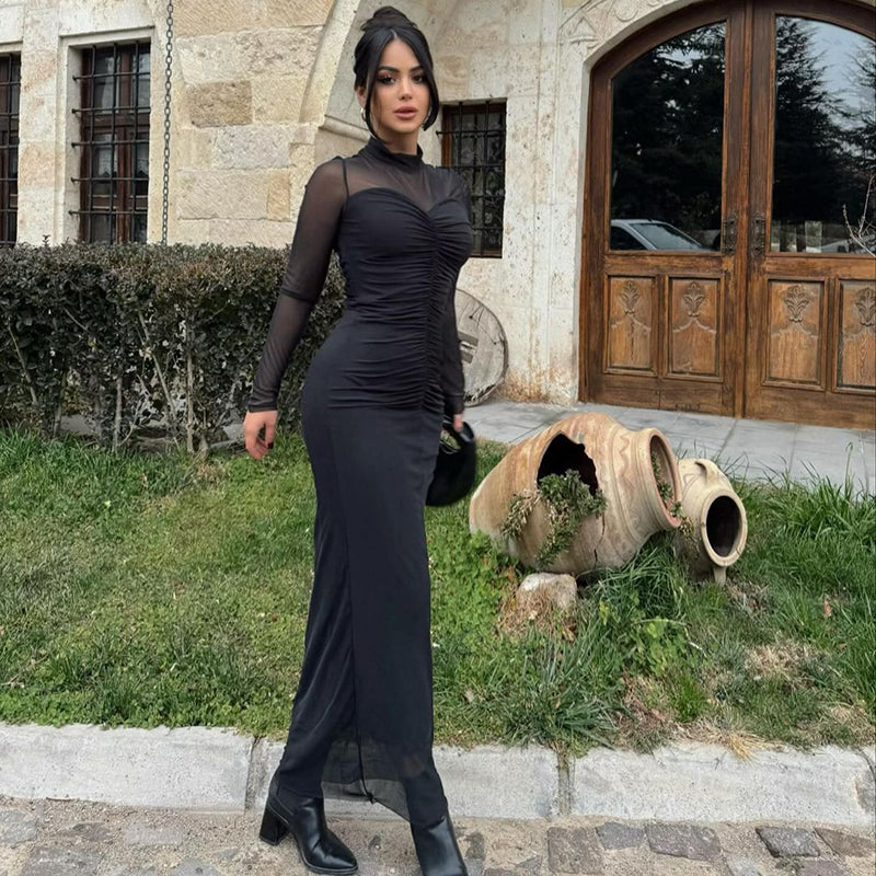 Black Sweatheart Neck Line Mesh Dress Maxi Dress