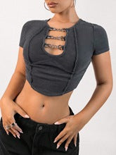 Grey Short Sleeve Metal Trim Top