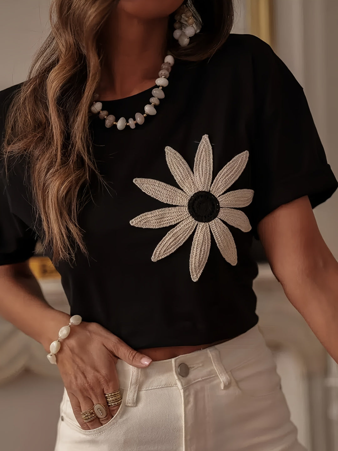 Black Short Sleeve Floral Embroidered Top