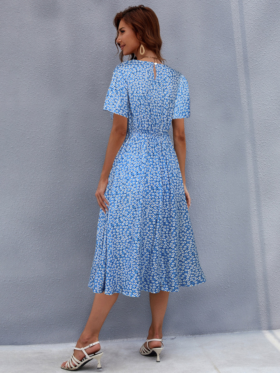 White Ditsy Print Waist Seam Fit And Flare Dress