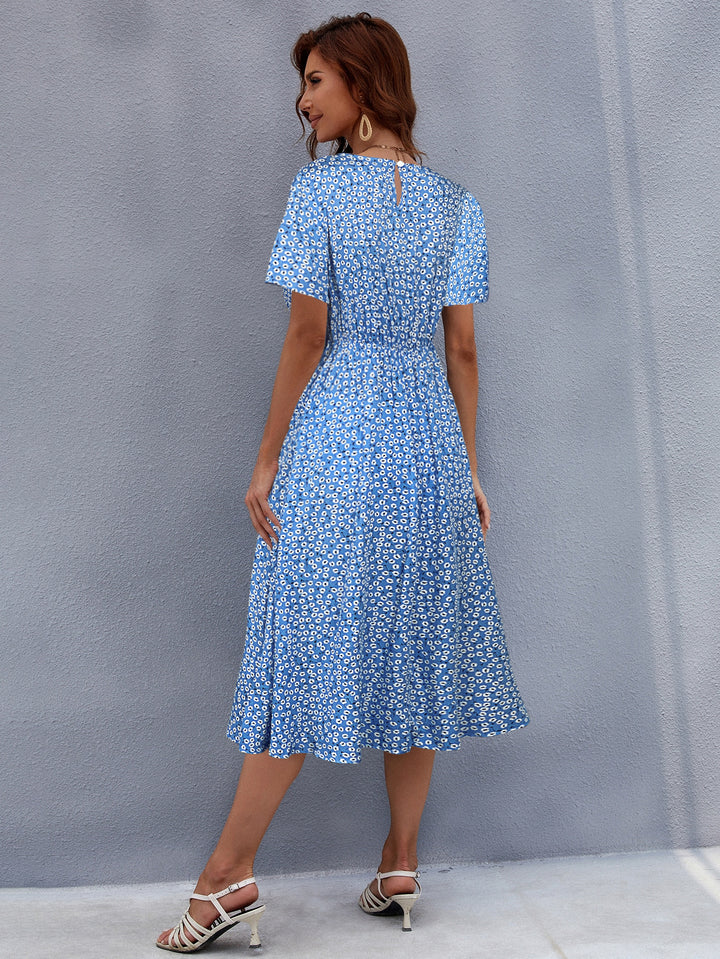 White Ditsy Print Waist Seam Fit And Flare Dress