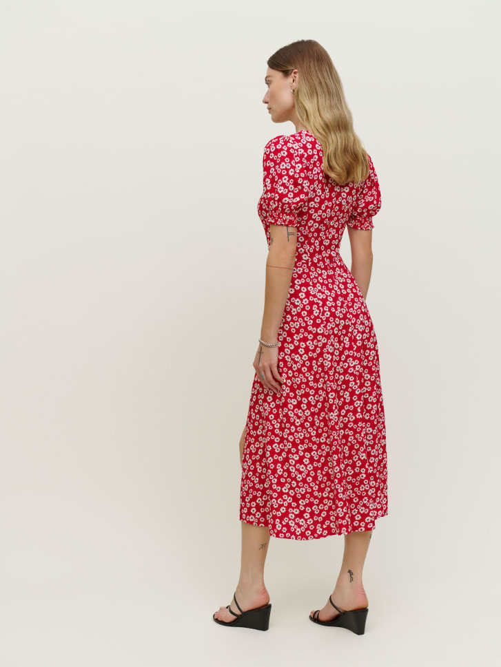 Red Sweetheart Neckline Printed Puff Sleeves Dress