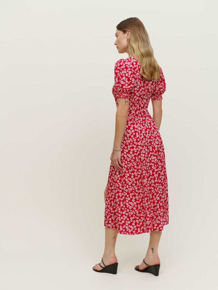 Red Sweetheart Neckline Printed Puff Sleeves Dress