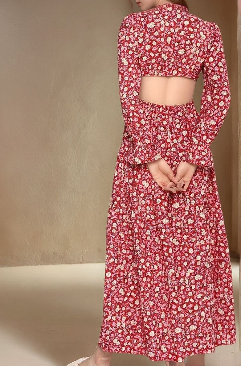 Red Full Sleeves Waist Cut-Out Printed Dress