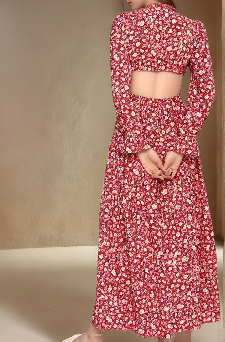 Red Full Sleeves Waist Cut-Out Printed Dress