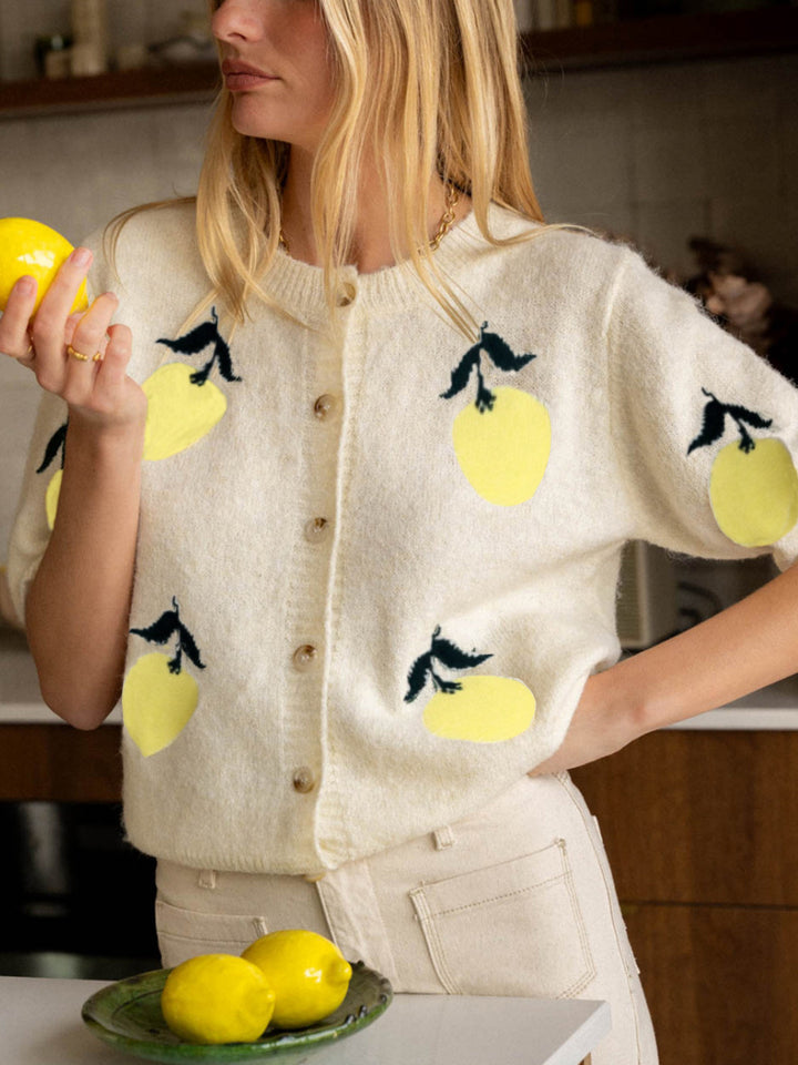 Cream Short Sleeves Printed Button Down Cardigan
