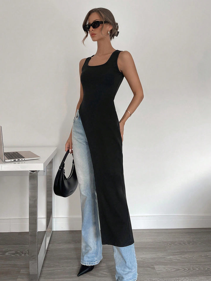 Black Sleeveless U- Neck Asymmetrical Top