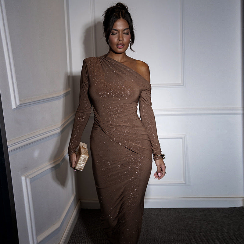 Brown One Shoulder Ruched Bodycon Dress