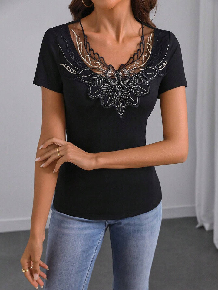 Black Short Sleeve Neck Detail Top