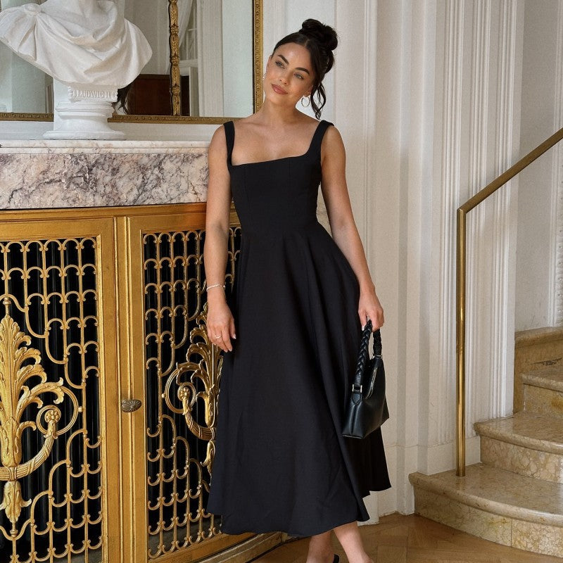 Black Square Neck Flared Dress