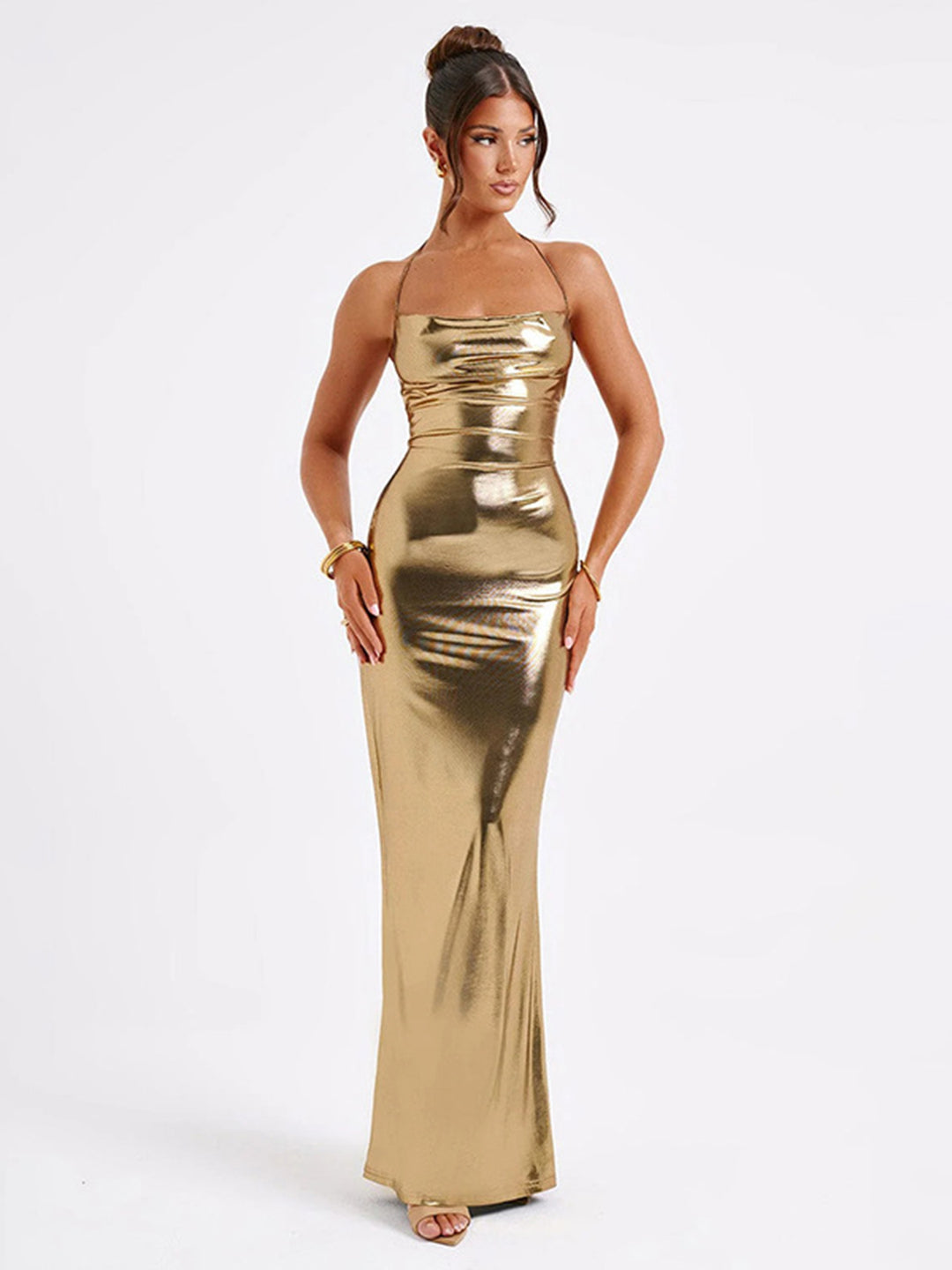 Gold Cowl Neck Low Back Slip Dress
