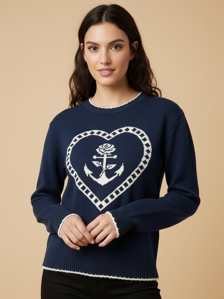 Navy Blue Contrast Stitch Hem And Neck With Graphic Sweater