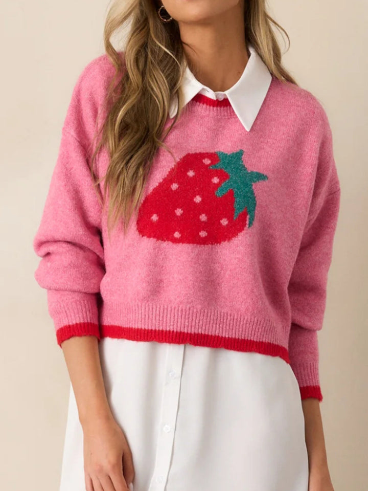 Pink Full Sleeves Printed Relaxed Sweater