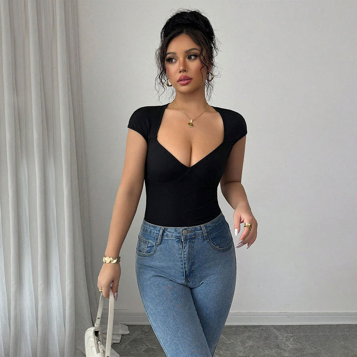 Black Deep V Neck Short Sleeve Top