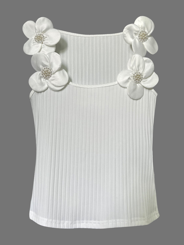 White Floral Embellished Sleeve Fitted Top