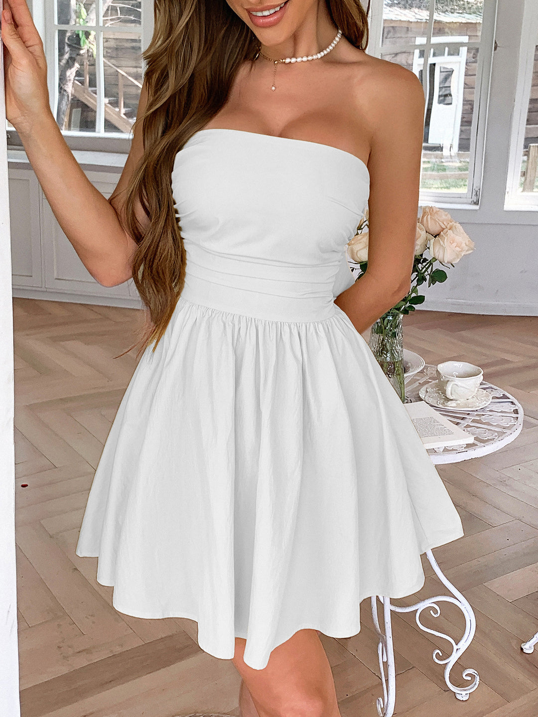 White Solid Tube Skater Dress
