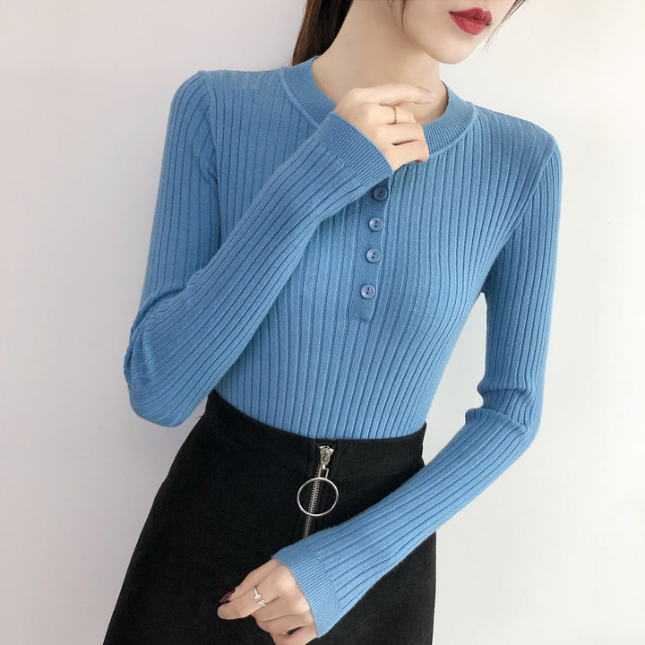 Blue Full Sleeve Crew Neck Buttoned Top