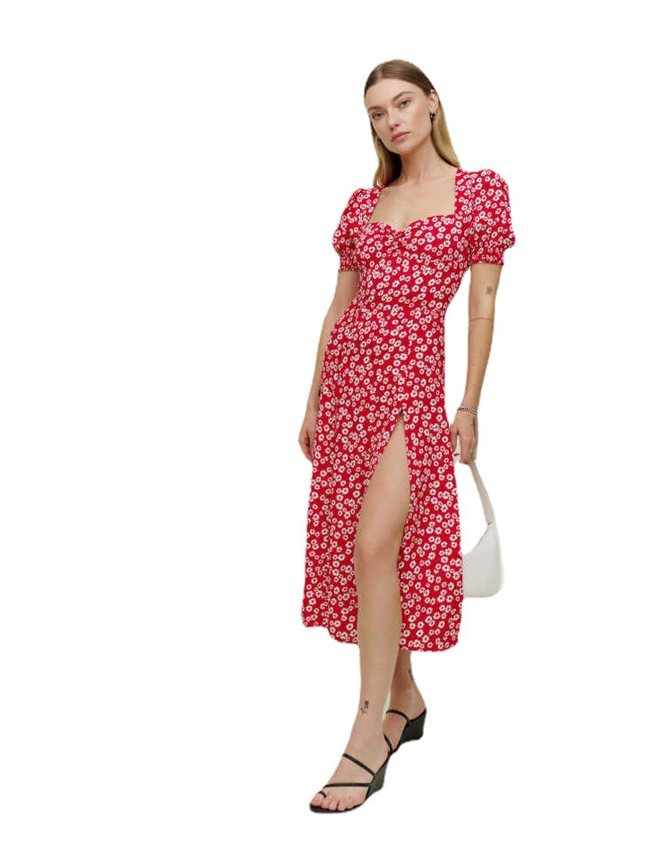 Red Sweetheart Neckline Printed Puff Sleeves Dress