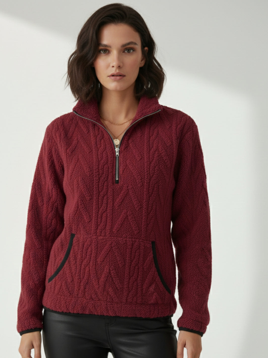 Wine Zip Up Collared Textured Sweater With Pockets
