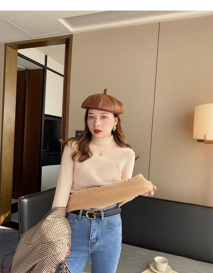 Beige Full Sleeve Scallop Hem Mock Neck Fitted Sweater