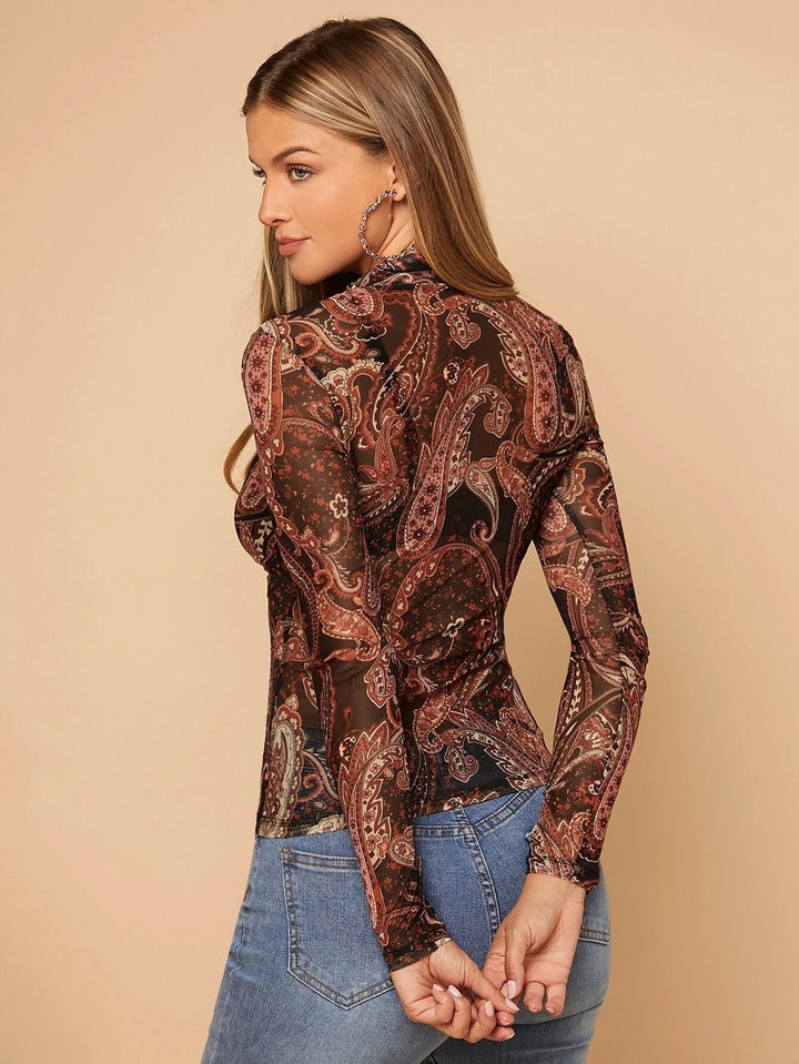 Multi Abstract Print Full Sleeve Semi Sheer Top