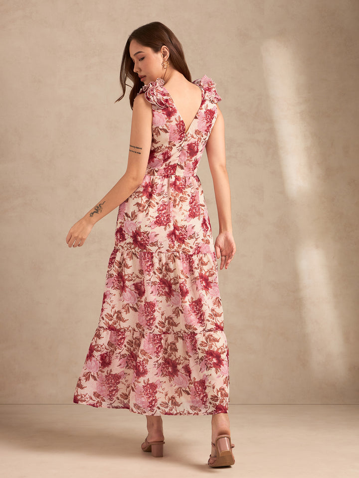 Multi Floral Printed Maxi Dress With Ruffle Detailing