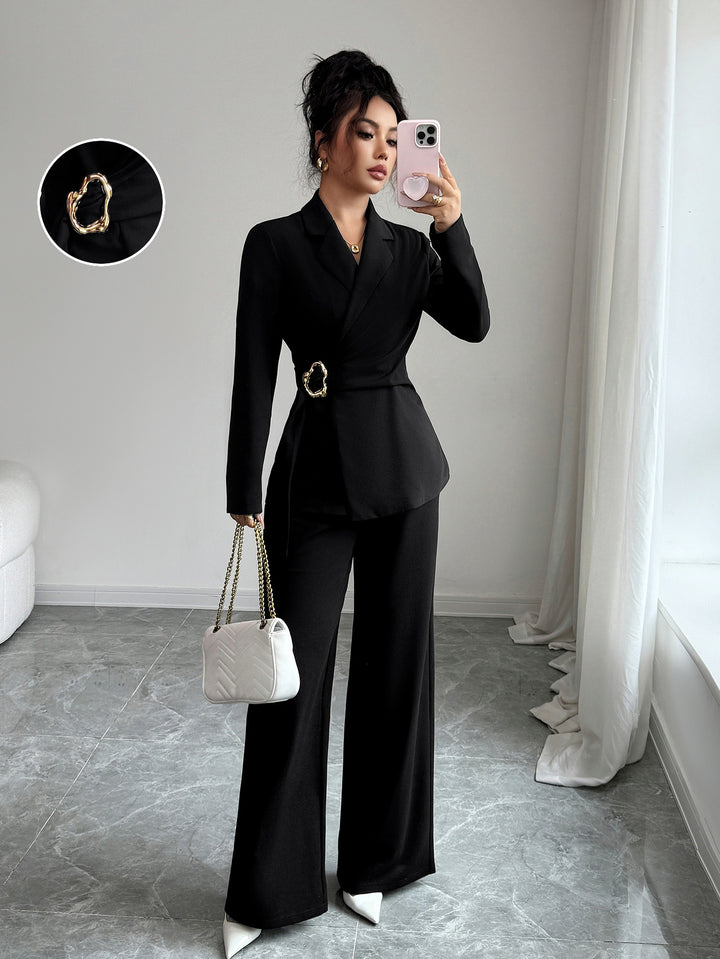 Black Full Sleeve Belted Detail Top And Pant Set