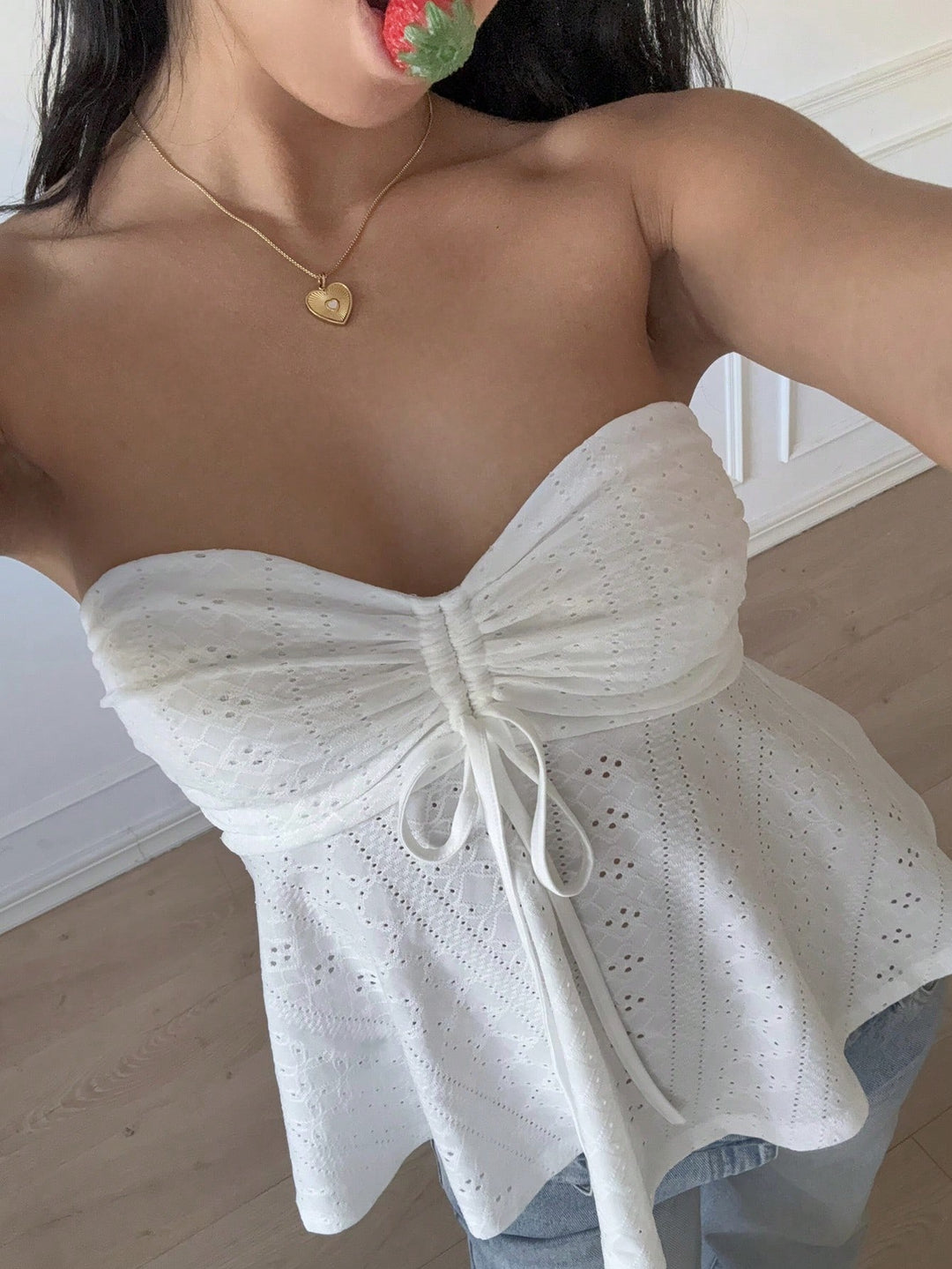 Off White Strapless Textured Knit Front Ruched Top