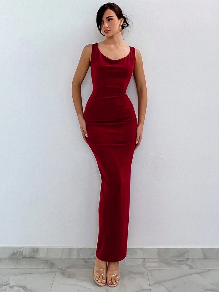 Red Scoop Neck Fit And Flare Velour Dress