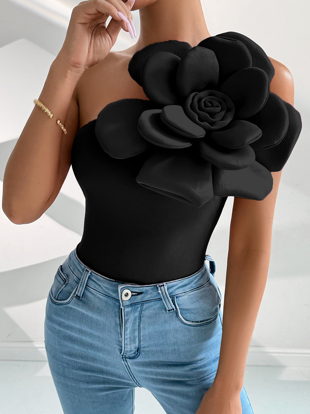 Black One Shoulder Flower Attached Top
