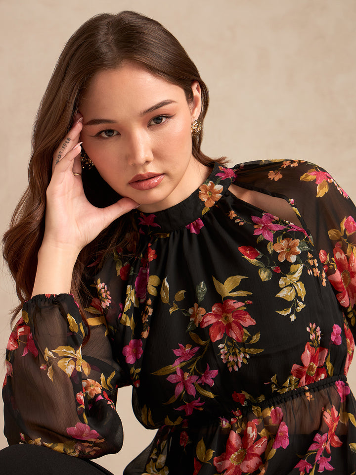 Black Floral Printed Blouse With Peplum Waist Detail