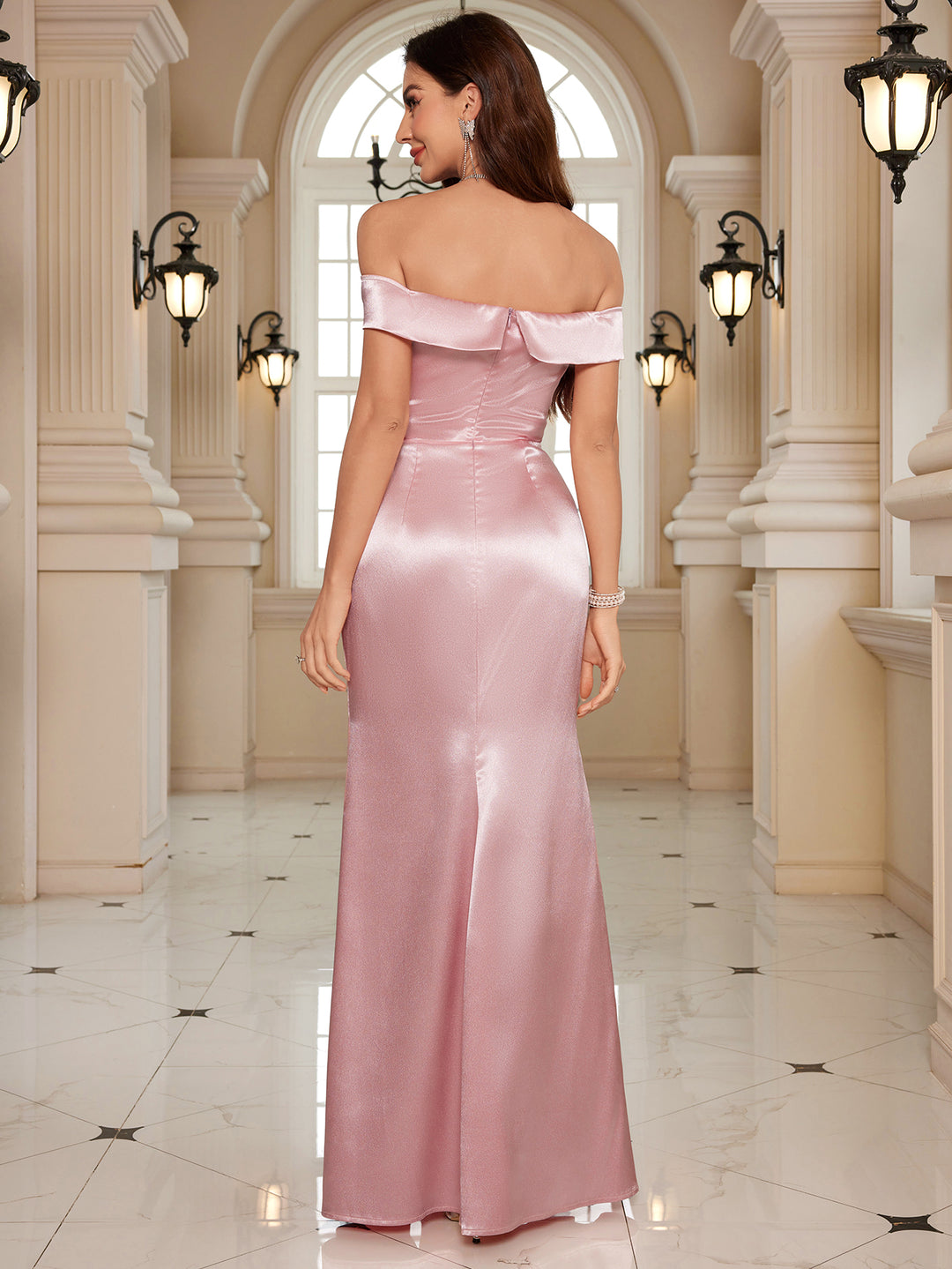 Pink Off-Shoulder Dress With Side Slit