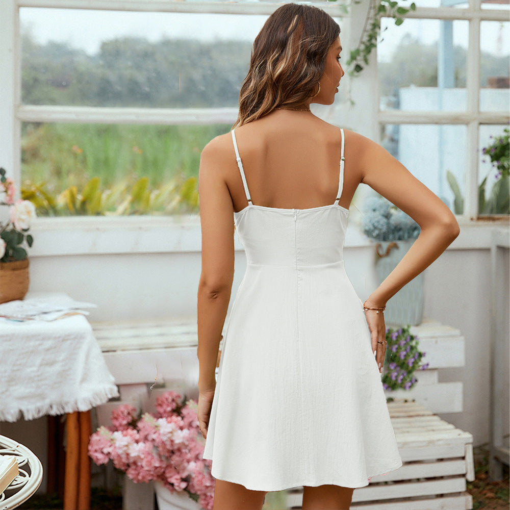 Off White Shoulder Strap Front Ruched Dress