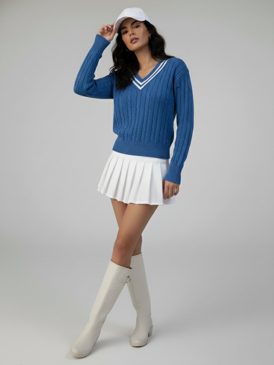 Blue V Neck Cable Structure Sweater