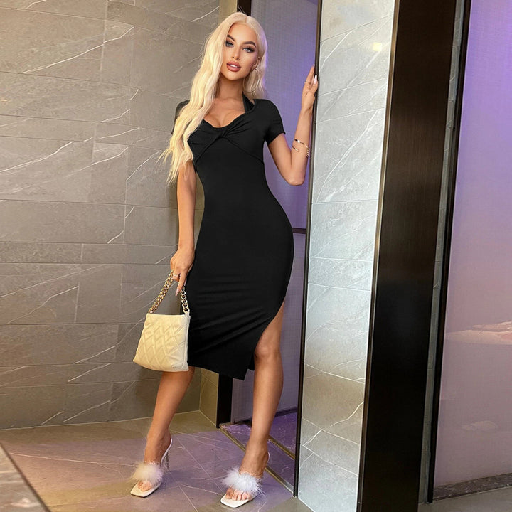 Black Short Sleeve Halter Neck Dress