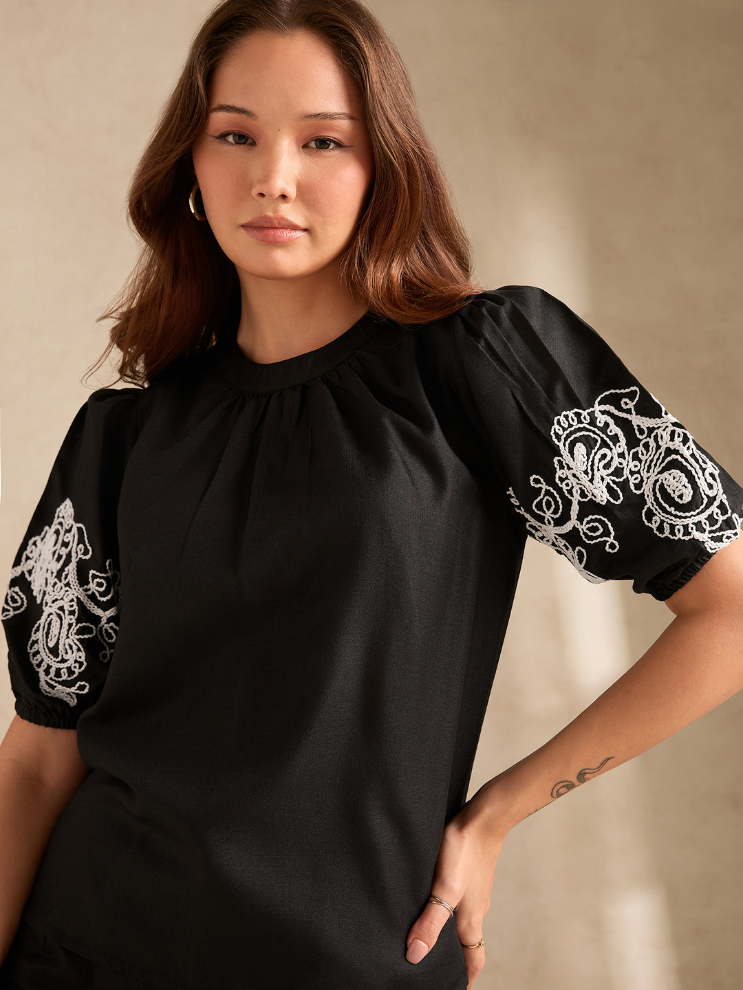Black Co-Ord Set Embroidered Top With Straight Leg Trouser