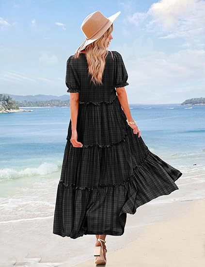Black Scoop Round Neck Printed Tiered Dress