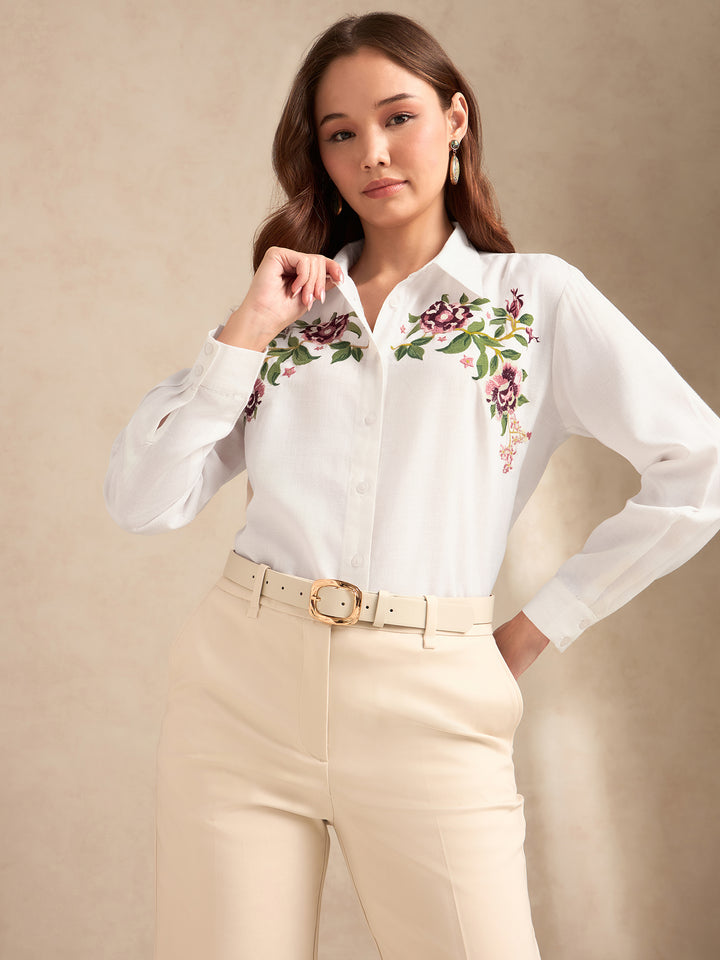 Off White Boxy Shirt With Embroidery Detail