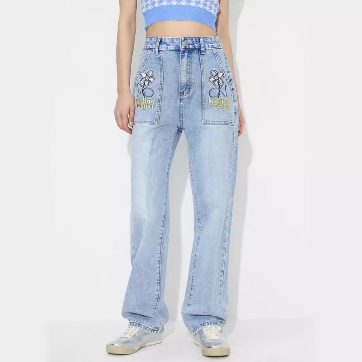 Blue Patch Pocket Embroidered Denim