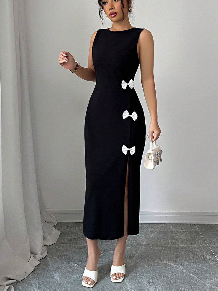 Black Solid Side Slit Dress With Bow Detailing